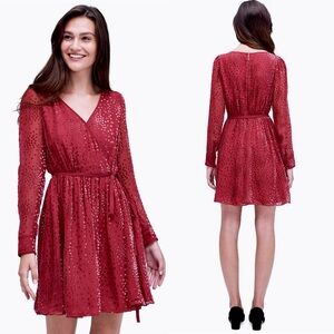 KATE SPADE Silk Chiffon Velvet Swiss Dot Long Sleeve Faux Wrap Tie Waist Dress 2